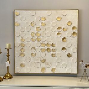 Cuadro abstracto de puntos blancos con dorado 102 x 102 cm