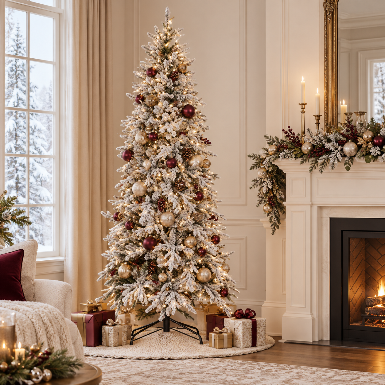Árbol de Navidad Abete Nevos de 7 pies con luces, vista frontal en sala elegante