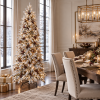 Árbol navideño nevado Abete Nevos con luces, vista angular en comedor