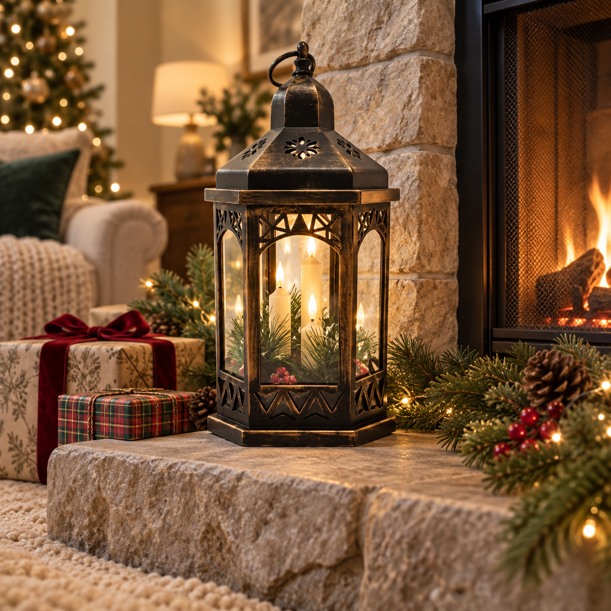 Linterna Vintage ambientada junto a chimenea
