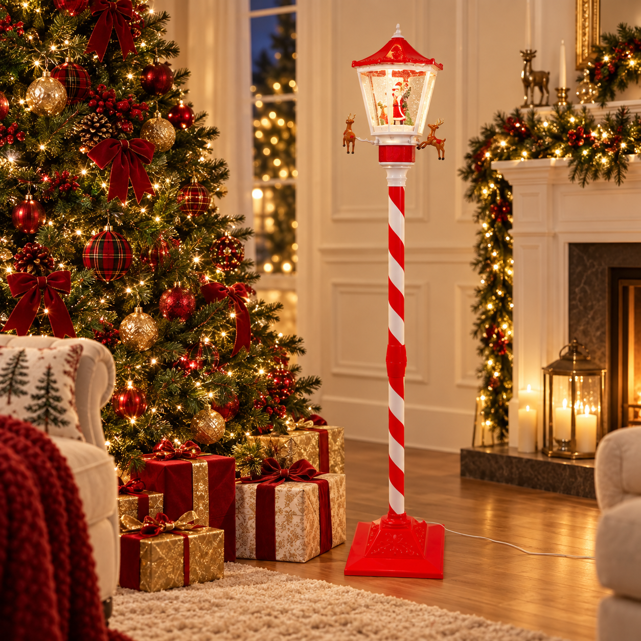 Lámpara Musical Lamppost junto al árbol de Navidad