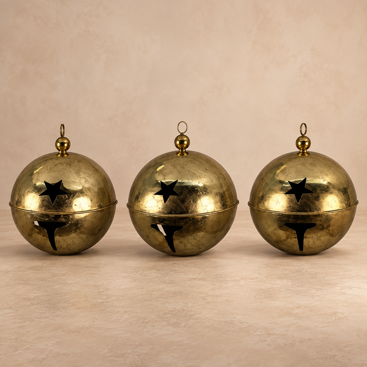 Set de 3 cascabeles grandes Campanelle sobre fondo beige