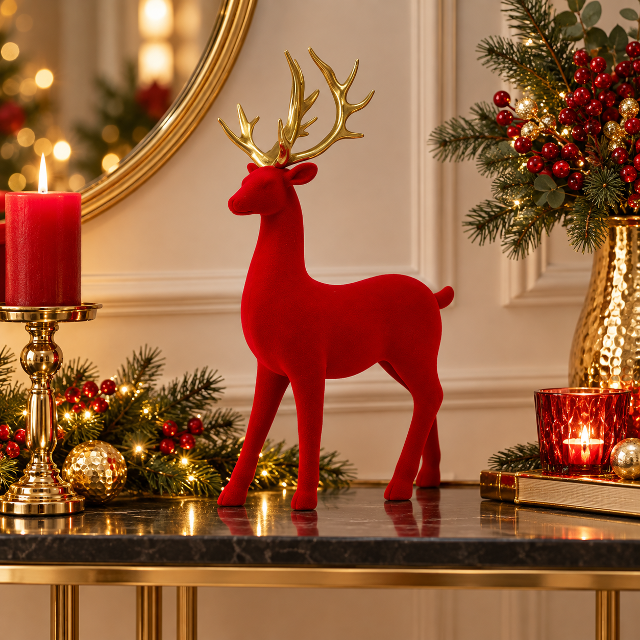 Scarlet Antler en ambiente navideño rojo y dorado