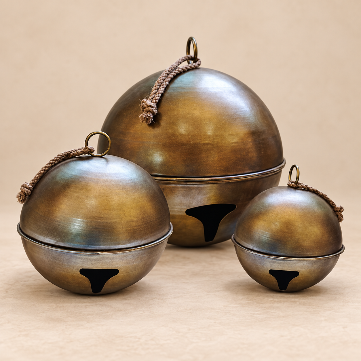 Set de 3 cascabeles gigantes Silver Chimes sobre fondo beige