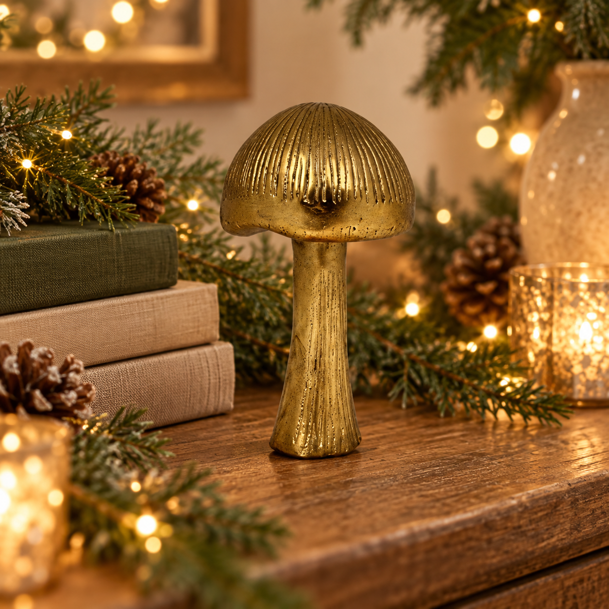 Hongo dorado Petit Champignon en ambiente navideño