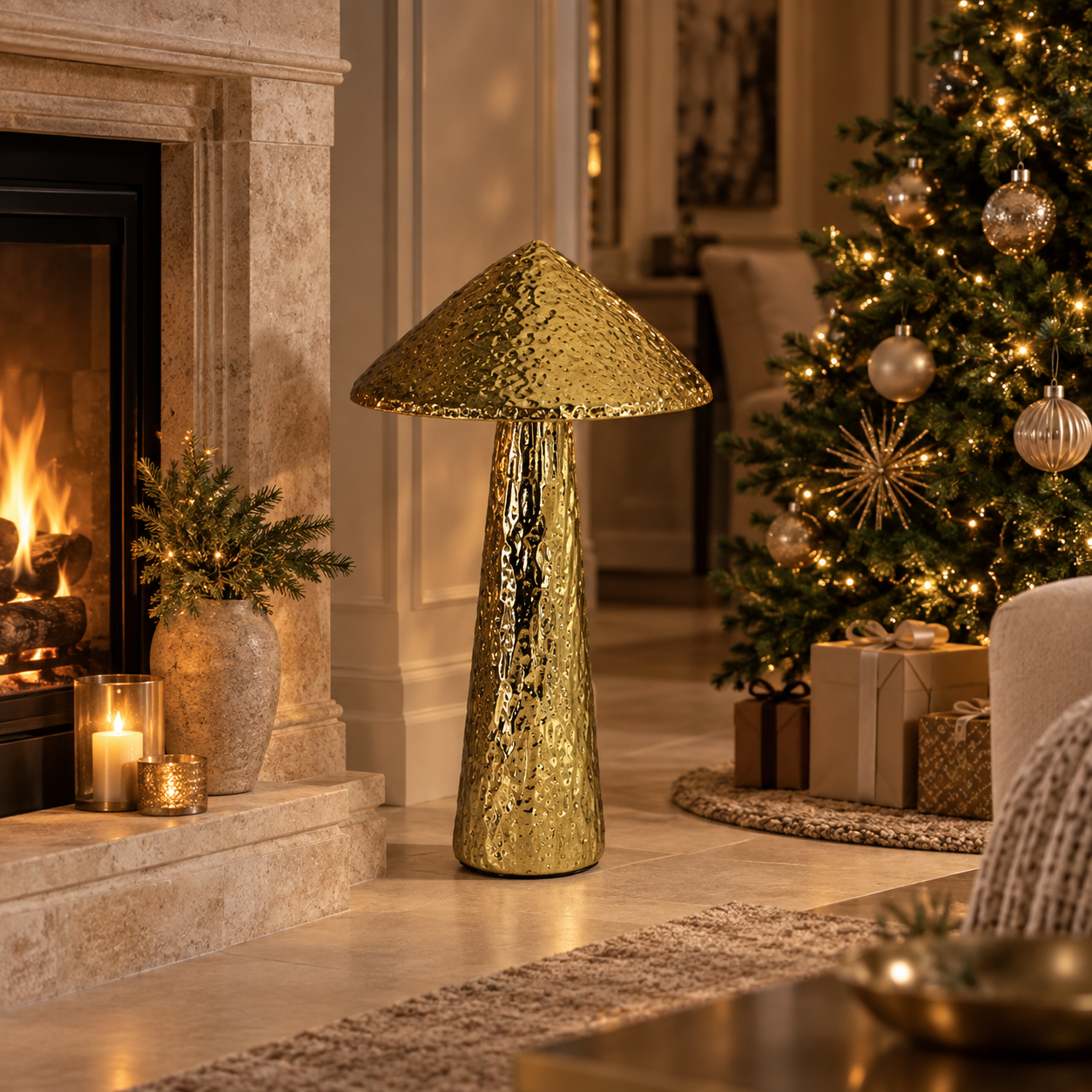 Tall Toadstool ambientado junto a chimenea navideña