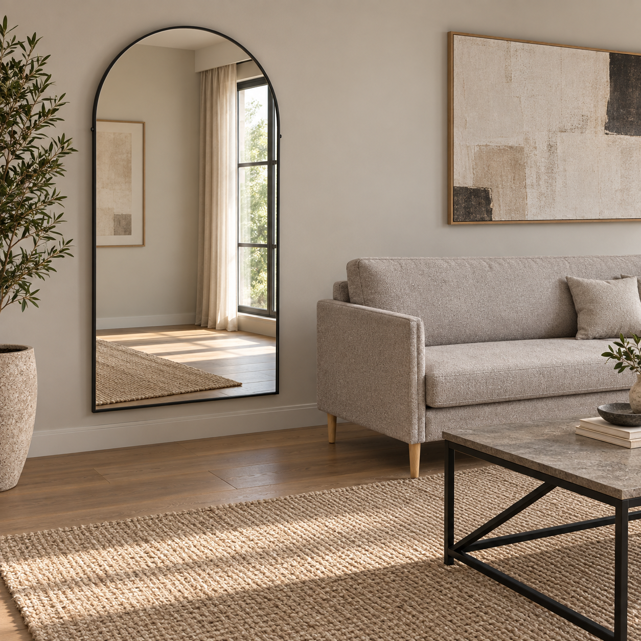 Espejo — Arche Graphite ambientado con muebles de la colección