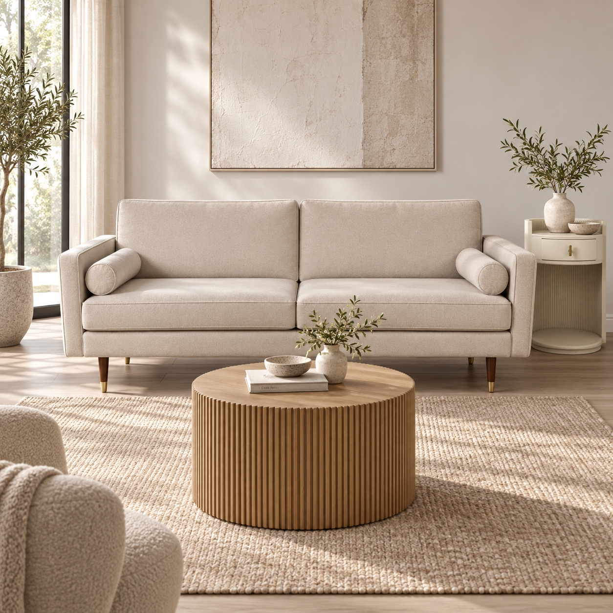 Sofá cama — Settee Tourterelle ambientado con muebles de la colección