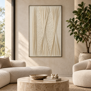 Cuadro Intreccio d’Avorio con hilos en relieve 3D, ambientado en sala
