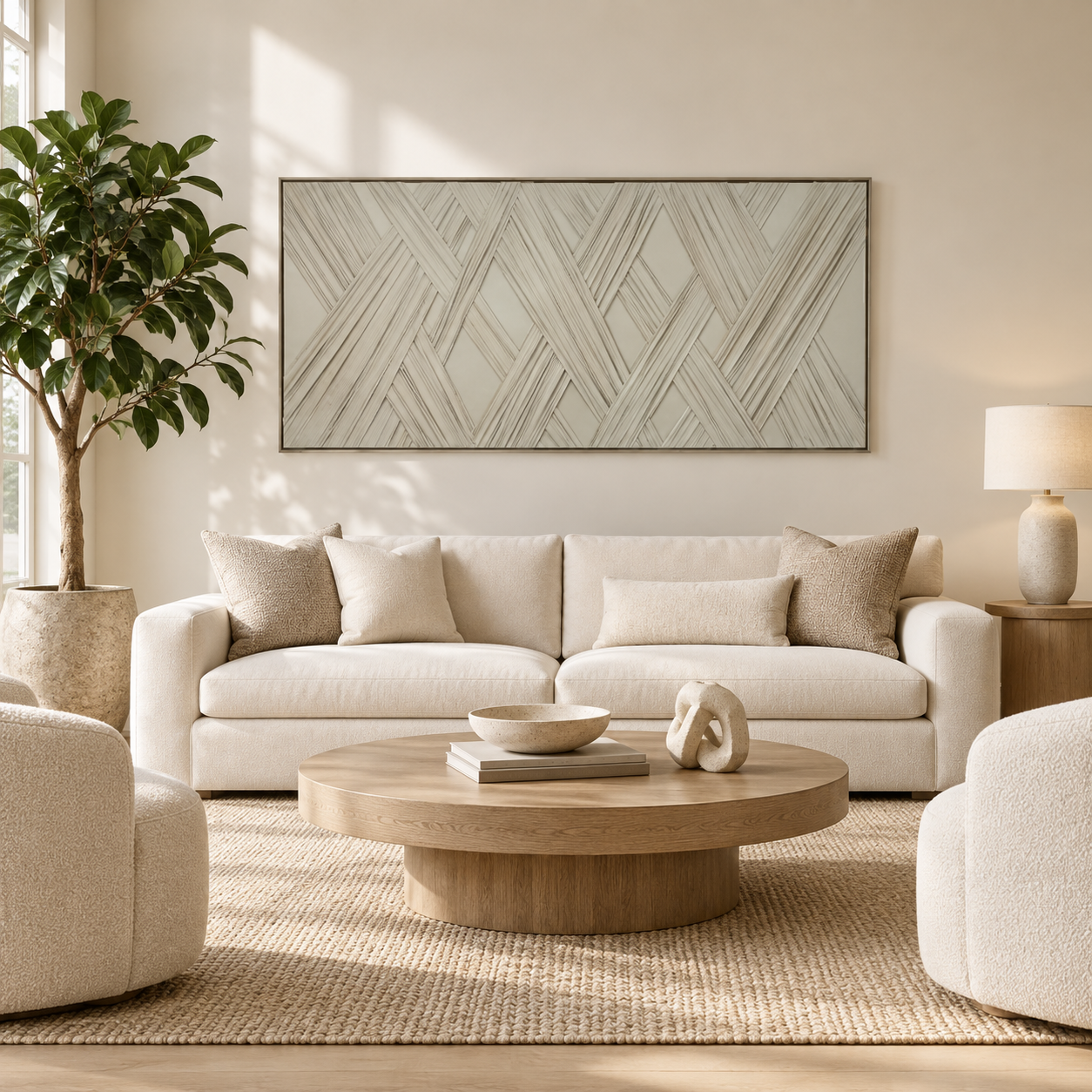 Cuadro Lino Geométrico de 142 x 72 x 4.5 cm ambientado en sala con ficus