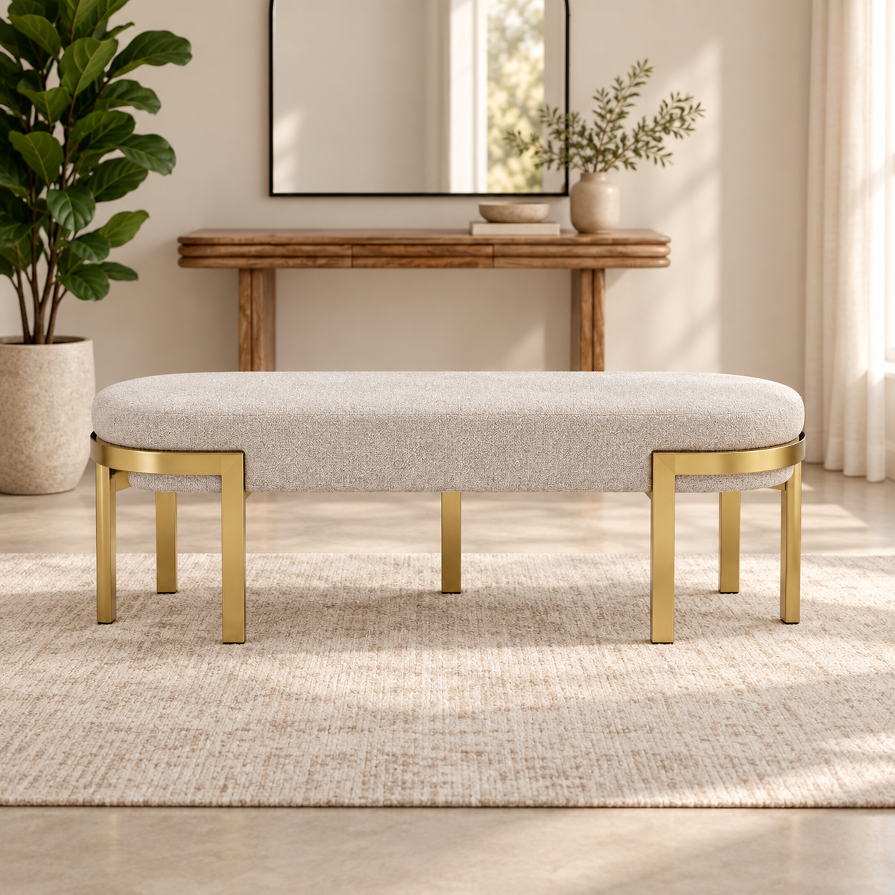 Ottoman Golden Curve color arena con estructura dorada, vista frontal