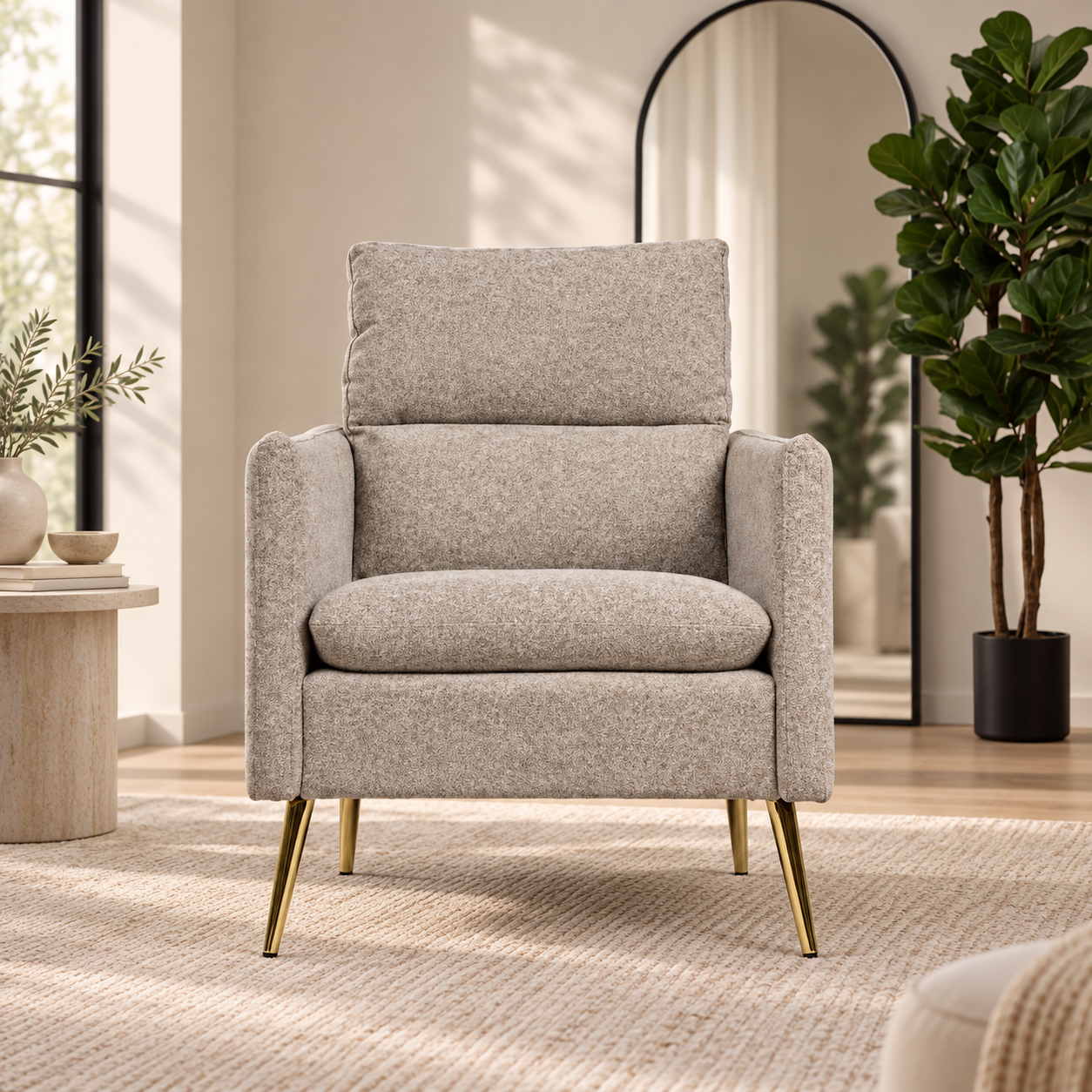 Sillón Chaise Noisette tapizado color avellana con patas doradas, vista frontal