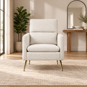 Sillón Fauteuil Lin color marfil con patas doradas, vista frontal