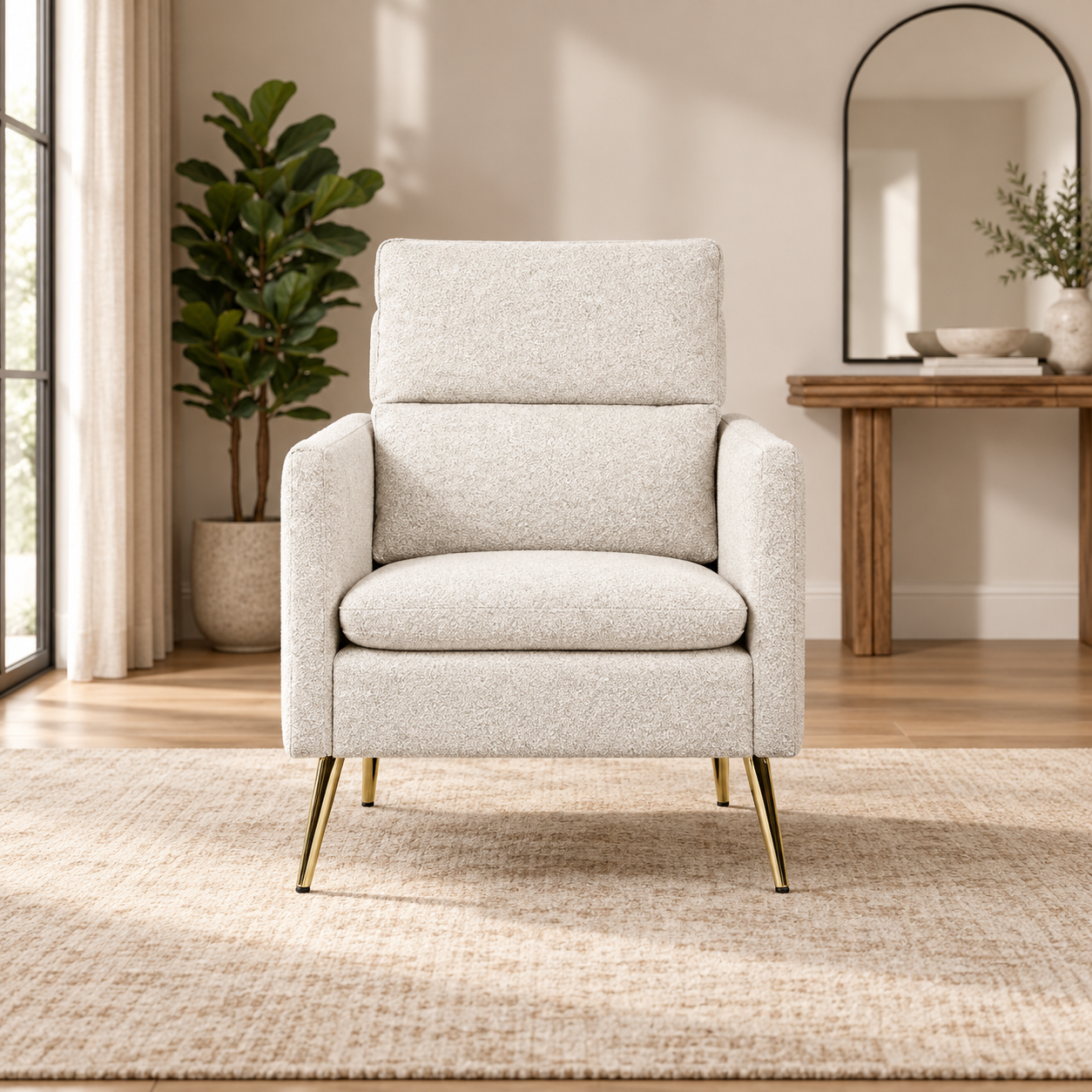 Sillón Fauteuil Lin color marfil con patas doradas, vista frontal