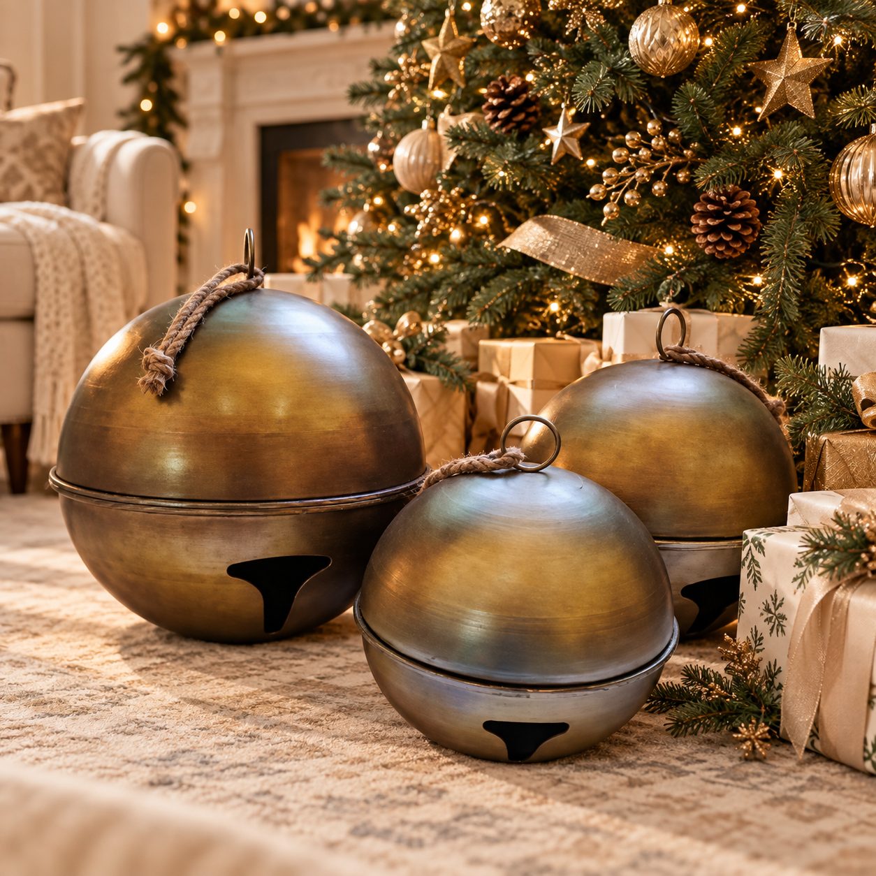 Cascabeles gigantes Silver Chimes al pie del árbol de Navidad
