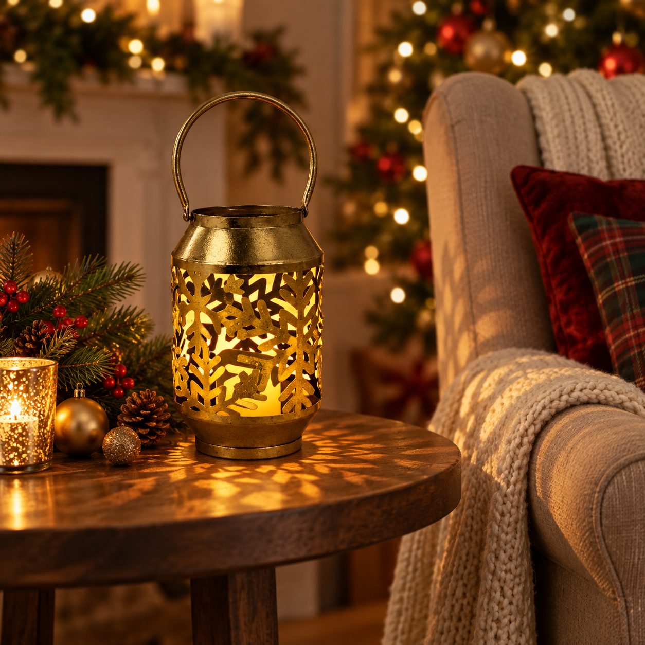 Linterna LED Carved Lantern ambientada junto a sillón