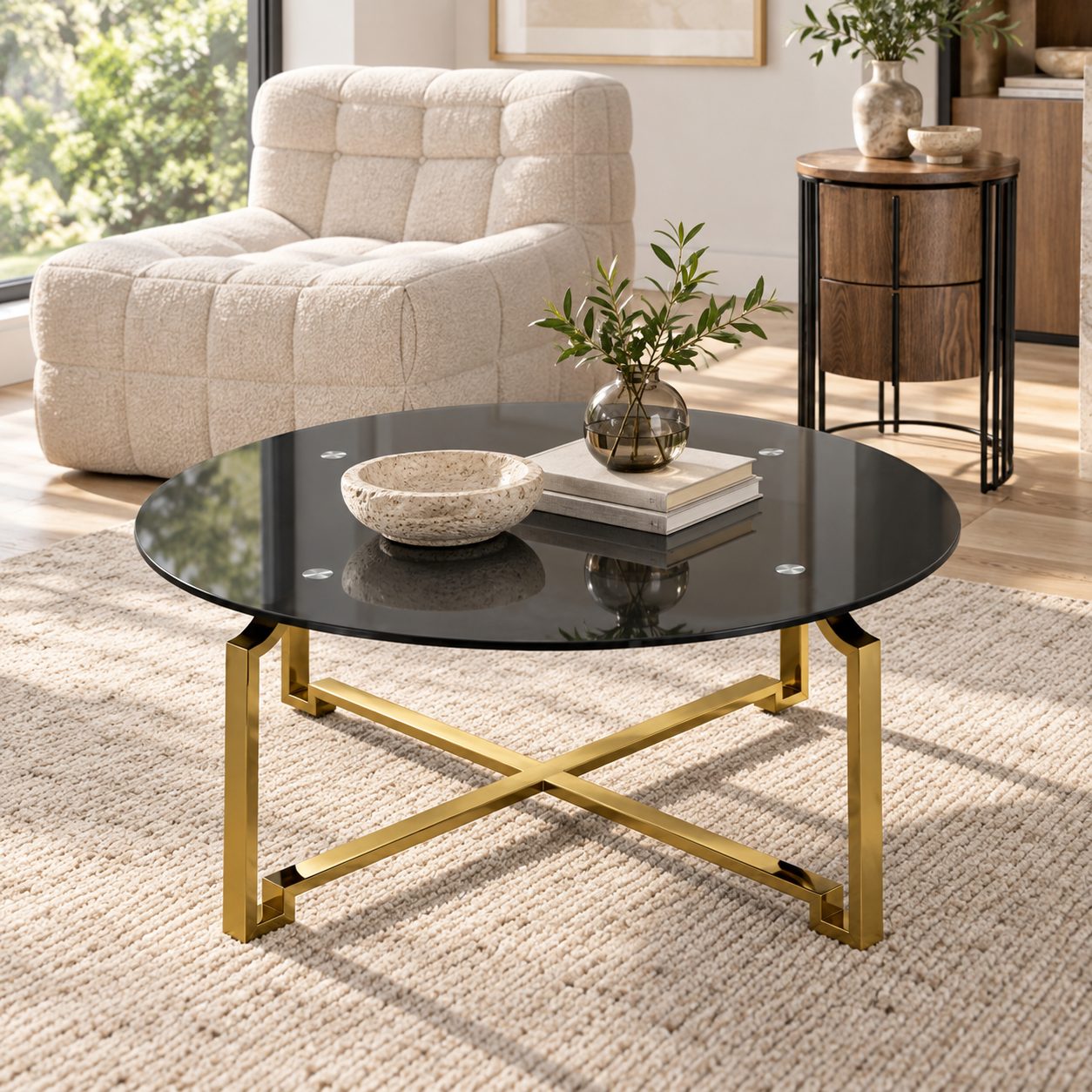 Mesa Onyx ambientada con sillón