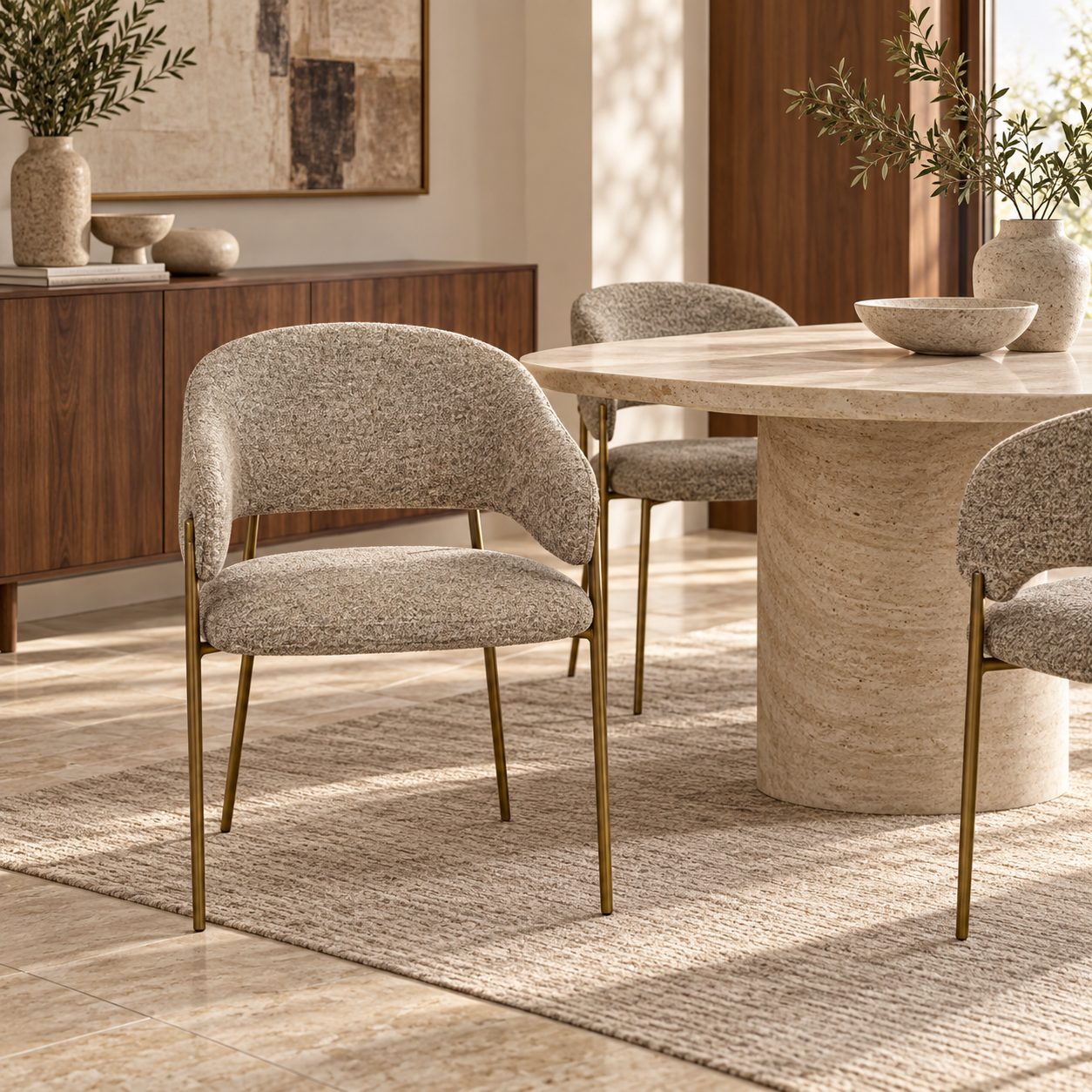 Silla — Fauteuil Taupe ambientada con muebles de la colección