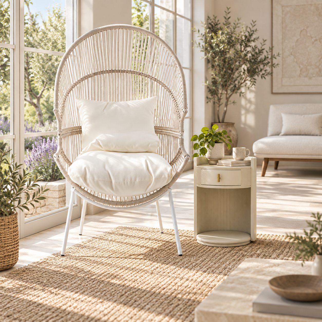Silla colgante — Suspension Opaline ambientado con muebles de la colección