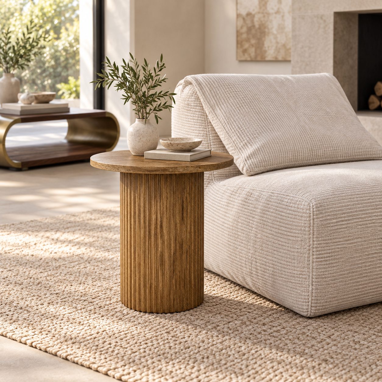 Mesa Fût Ambré ambientada junto a sillón