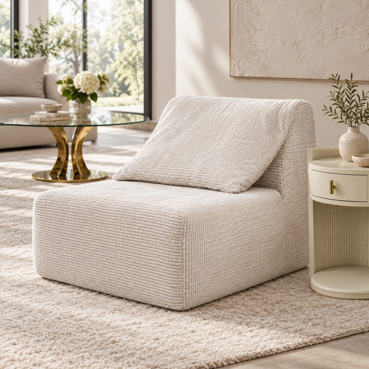 Fauteuil Perle ambientado con mesa auxiliar