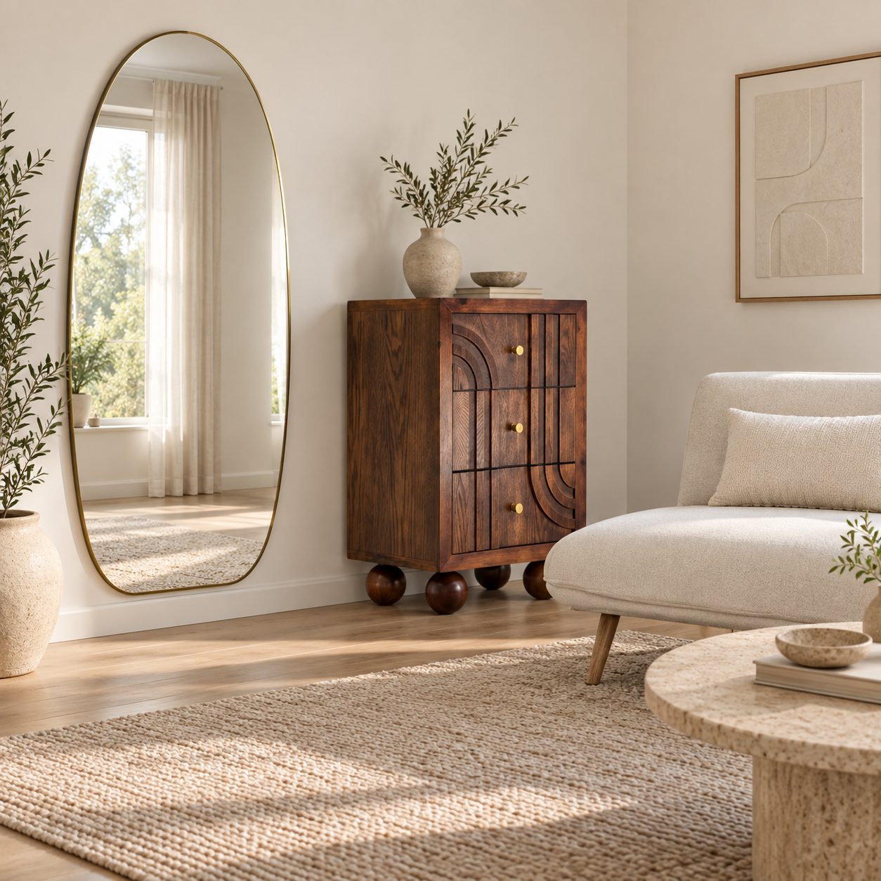 Espejo — Ovale Laiton ambientado con muebles de la colección