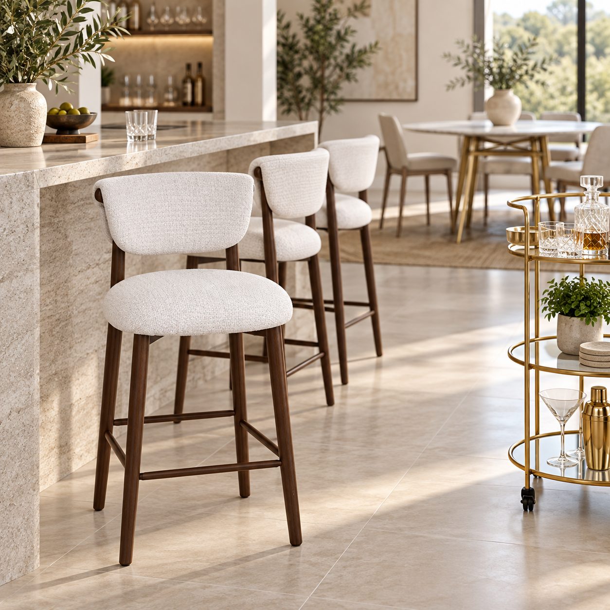 Silla bar (blanca) — Tabouret Albâtre ambientado con muebles de la colección