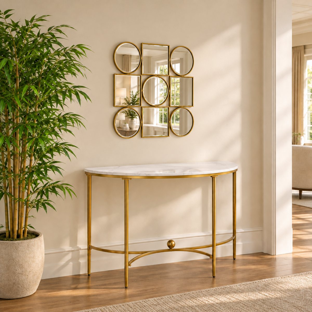 Vitrail Assemblé sobre la consola Ligne Marble junto a una planta Bambou Zen