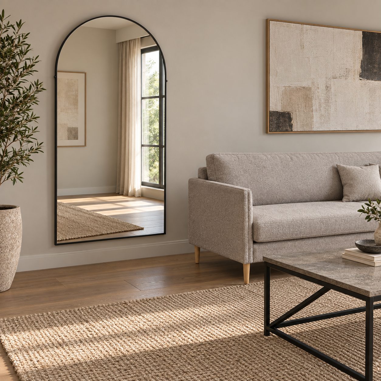 Espejo — Arche Graphite ambientado con muebles de la colección