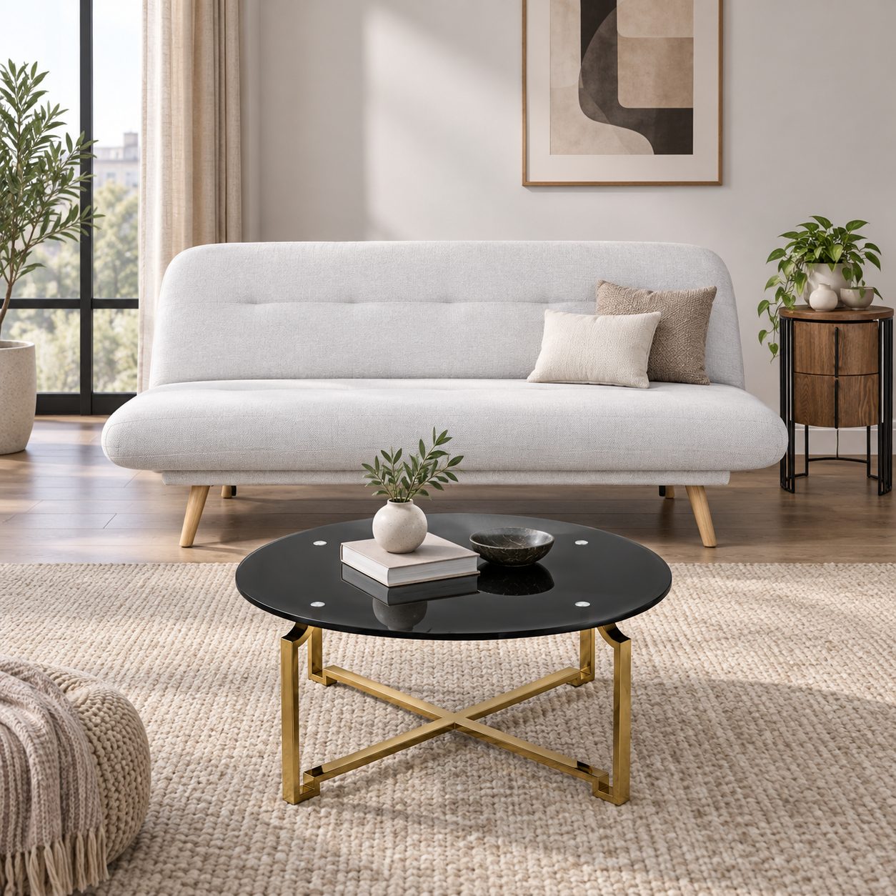 Sofá cama — Lit Cocon ambientado con muebles de la colección
