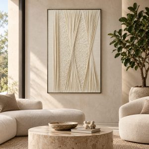 Cuadro Intreccio d’Avorio con hilos en relieve 3D, ambientado en sala