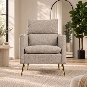 Sillón Chaise Noisette tapizado color avellana con patas doradas, vista frontal