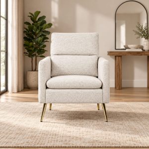 Sillón Fauteuil Lin color marfil con patas doradas, vista frontal
