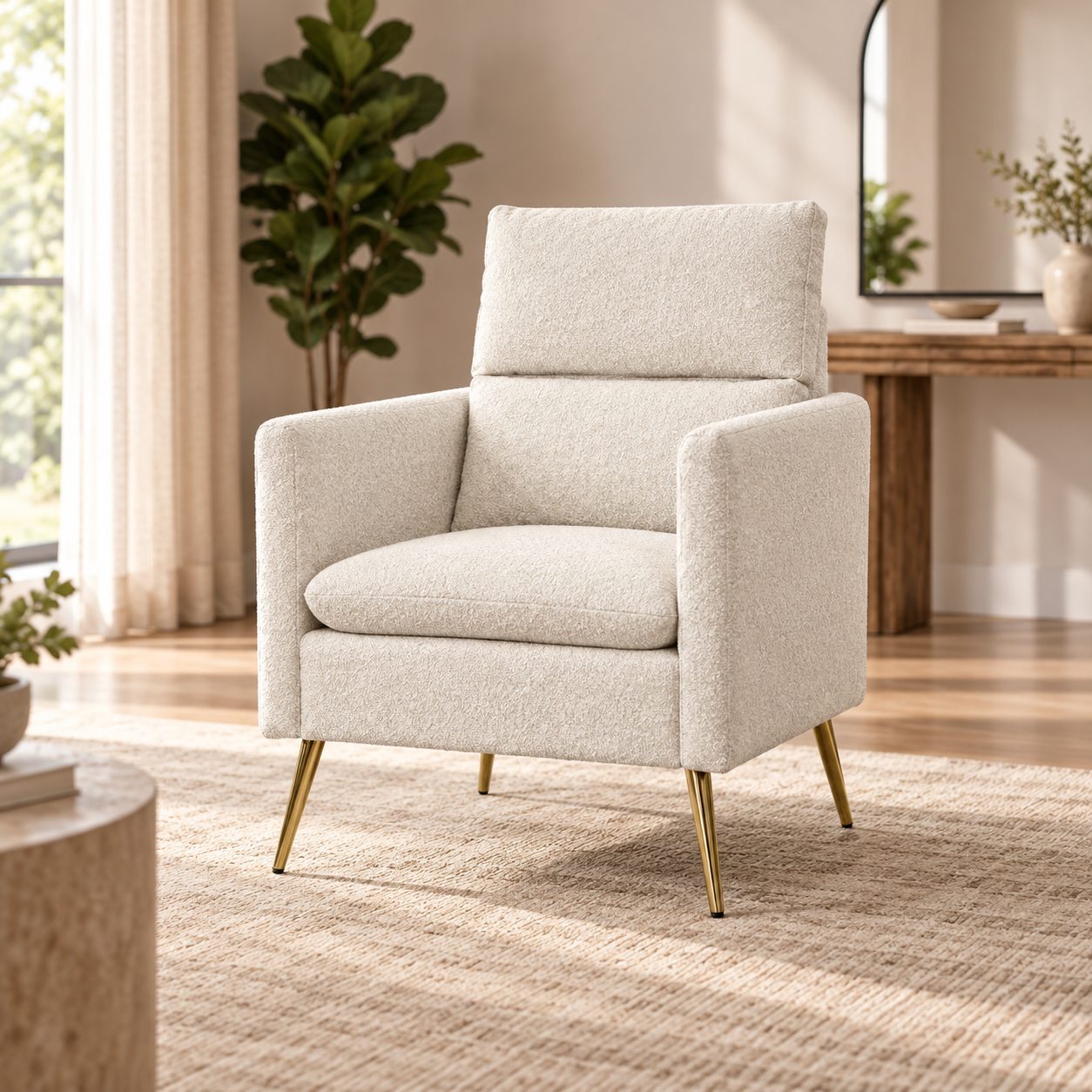 Sillón Fauteuil Lin tapizado color marfil, vista de tres cuartos