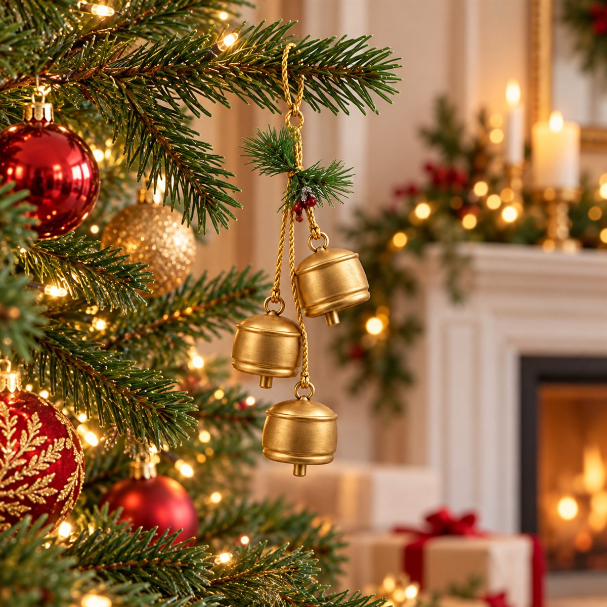 Campanas doradas Trio Rintocco en árbol de Navidad