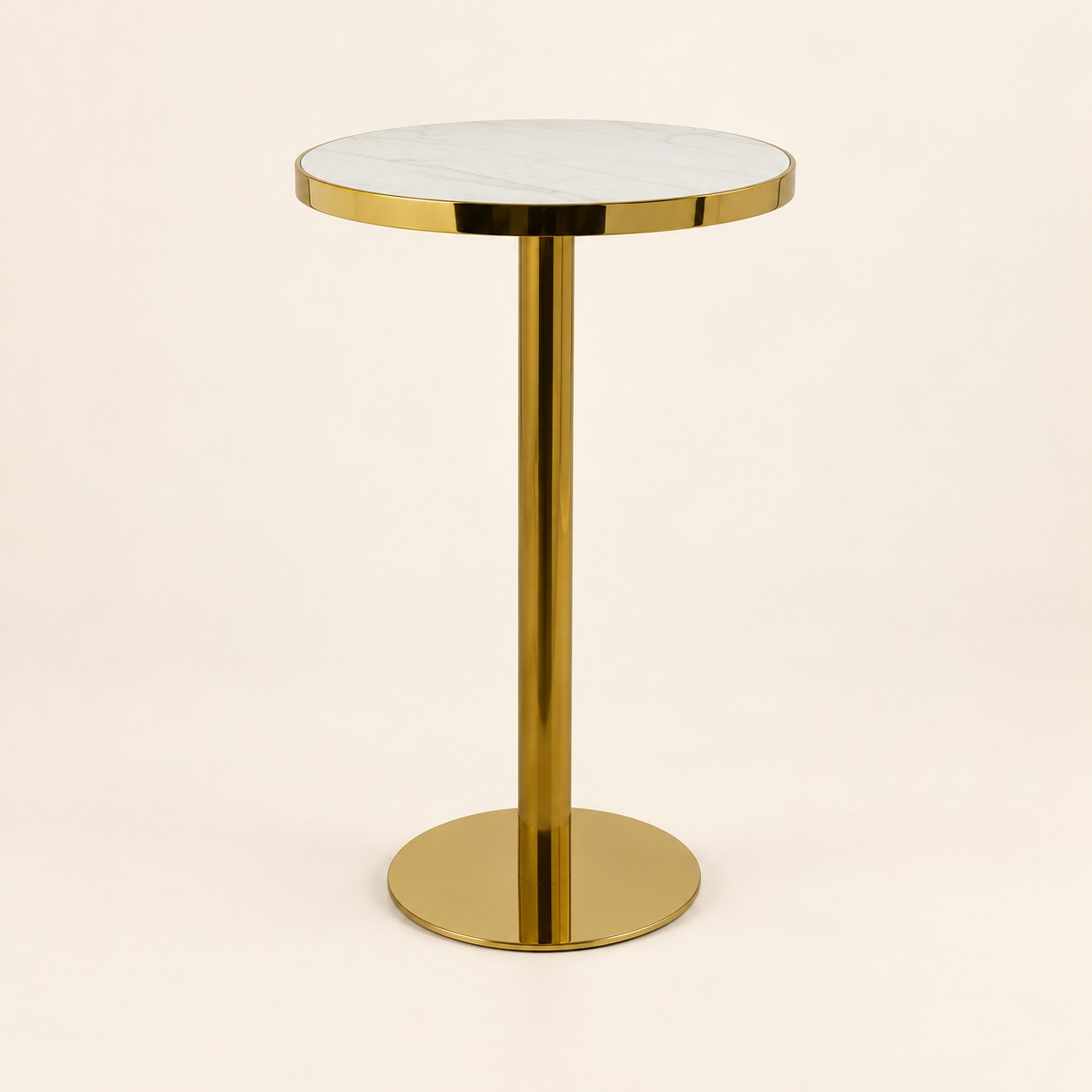 Mesa de bar alta Table Bistrot con cubierta circular clara y pedestal dorado