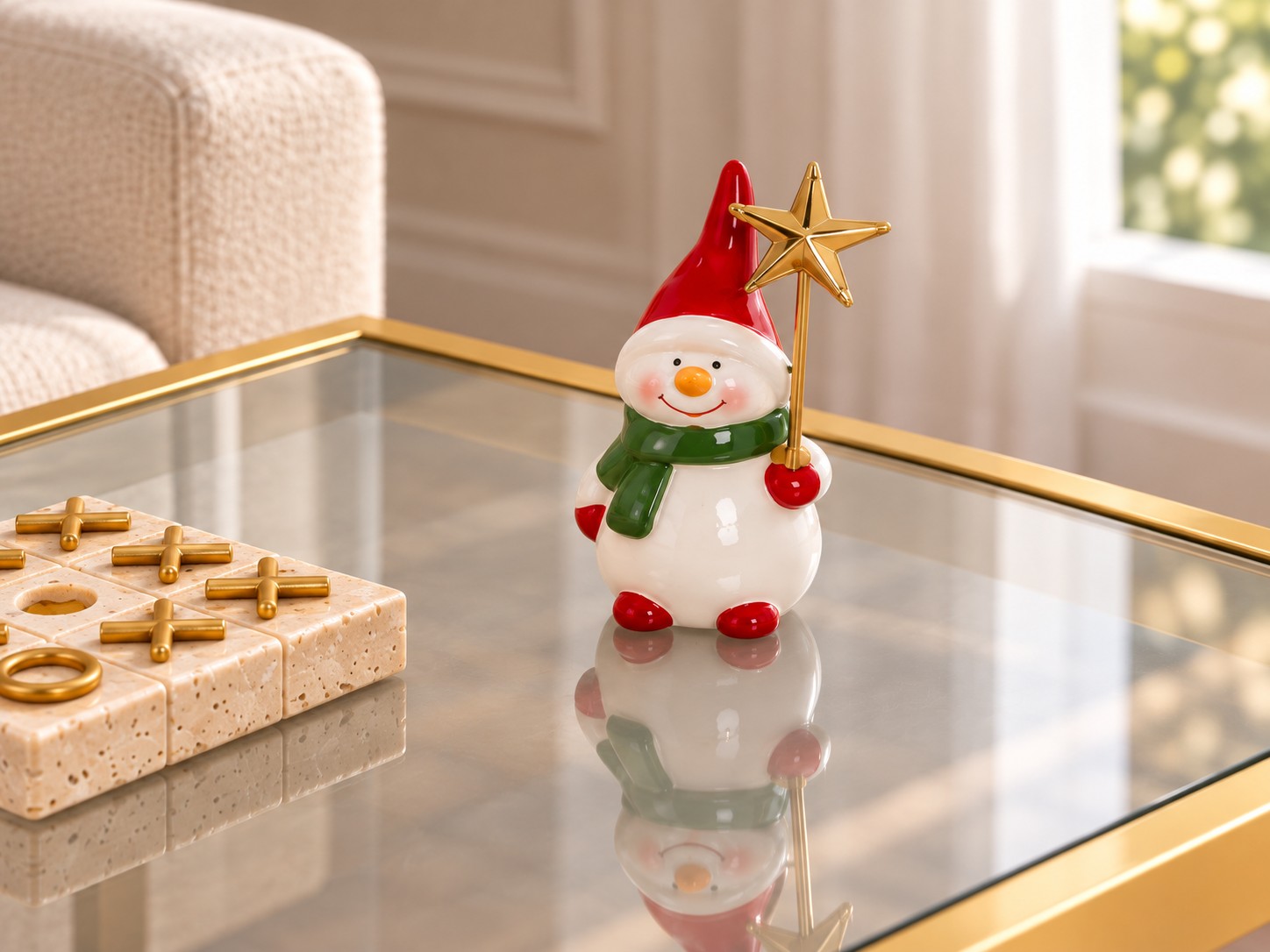 Muñeco de nieve decorativo — Bonhomme Jovial, pequeño adorno sobre Table Mezzanine junto a Morpion de Salon de HOCART, vista desde otro ángulo, encuadre cercano centrado en el producto