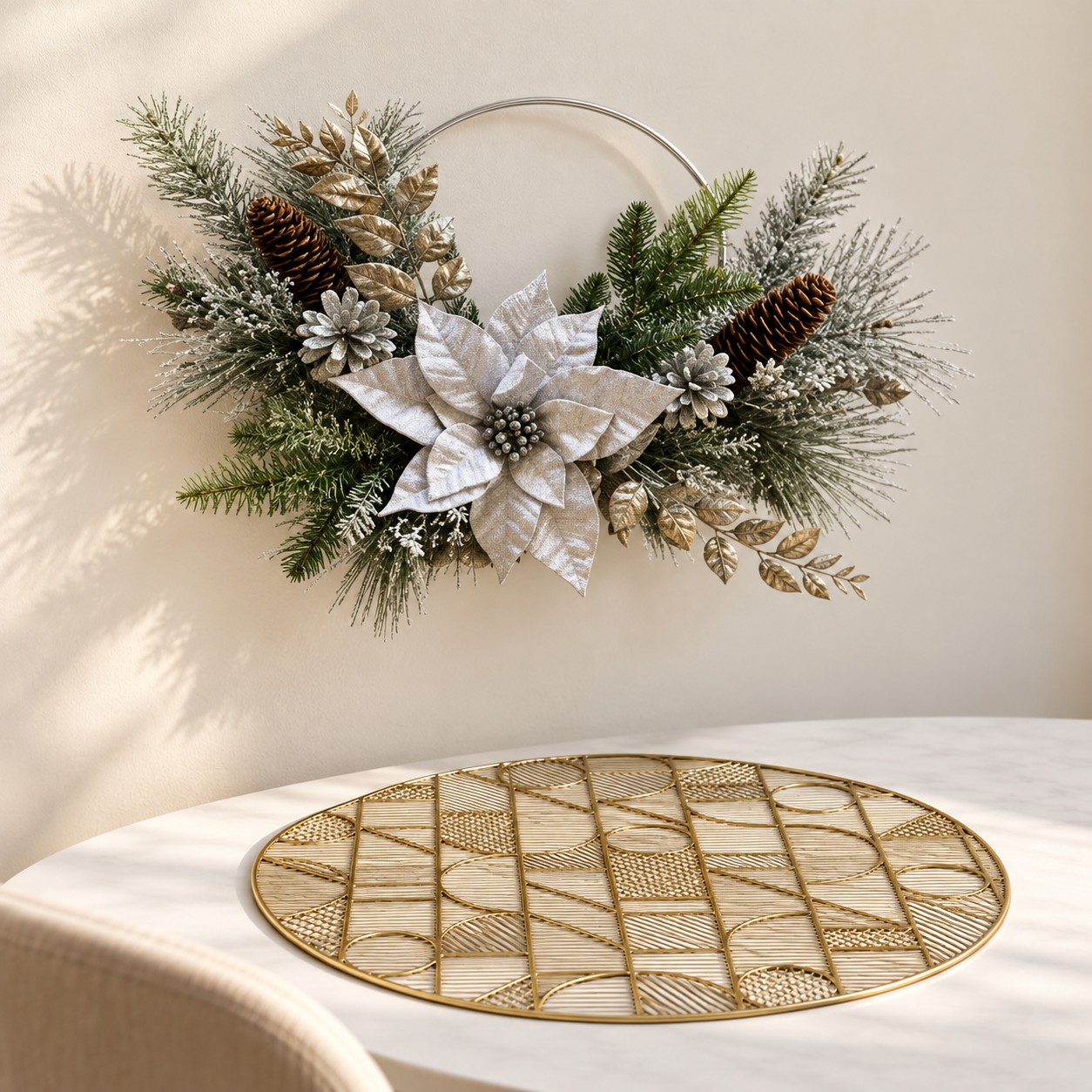 Arreglo navideño plateado — Bouquet Lunaire, vista ambientada-1 con complementos de HOCART a escala