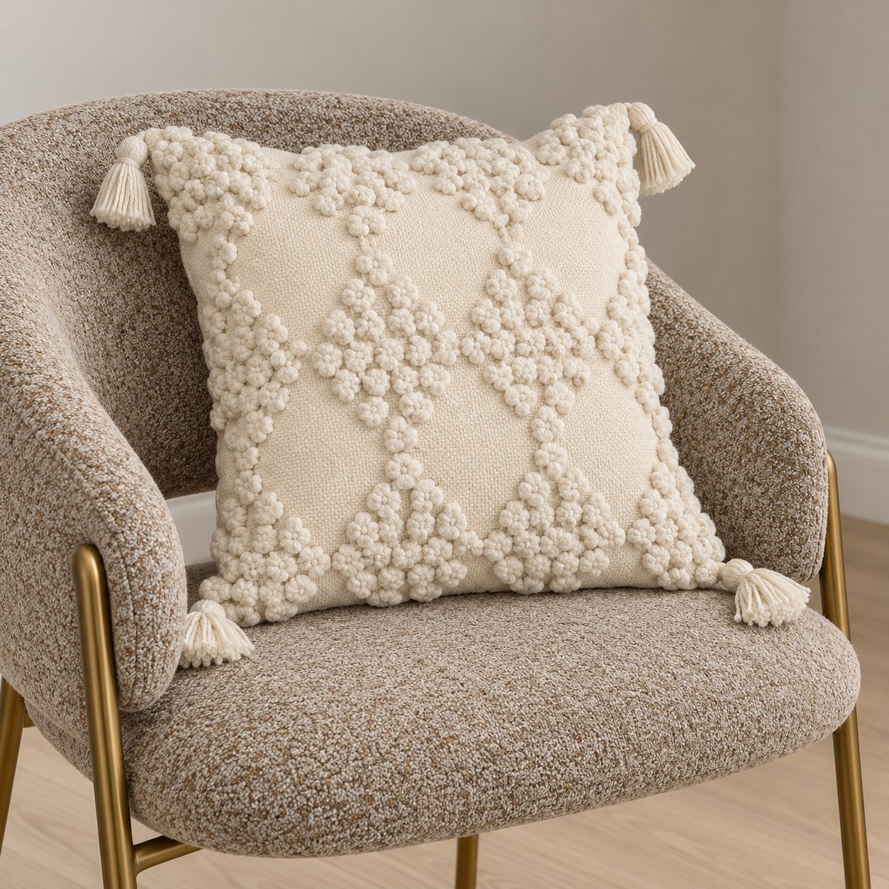 Cojín decorativo con borlas — Coussin Macramé en ambiente con la silla Fauteuil Taupe