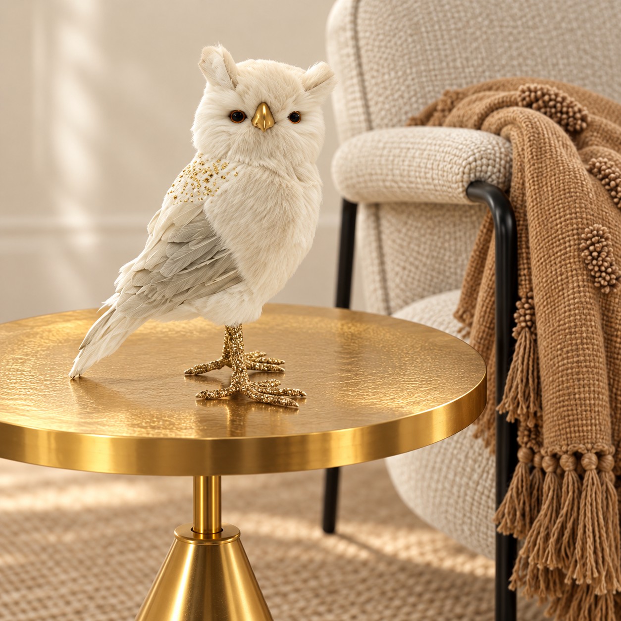 Búho decorativo — Hibou Duveteux con complementos del catálogo HOCART, primer ángulo