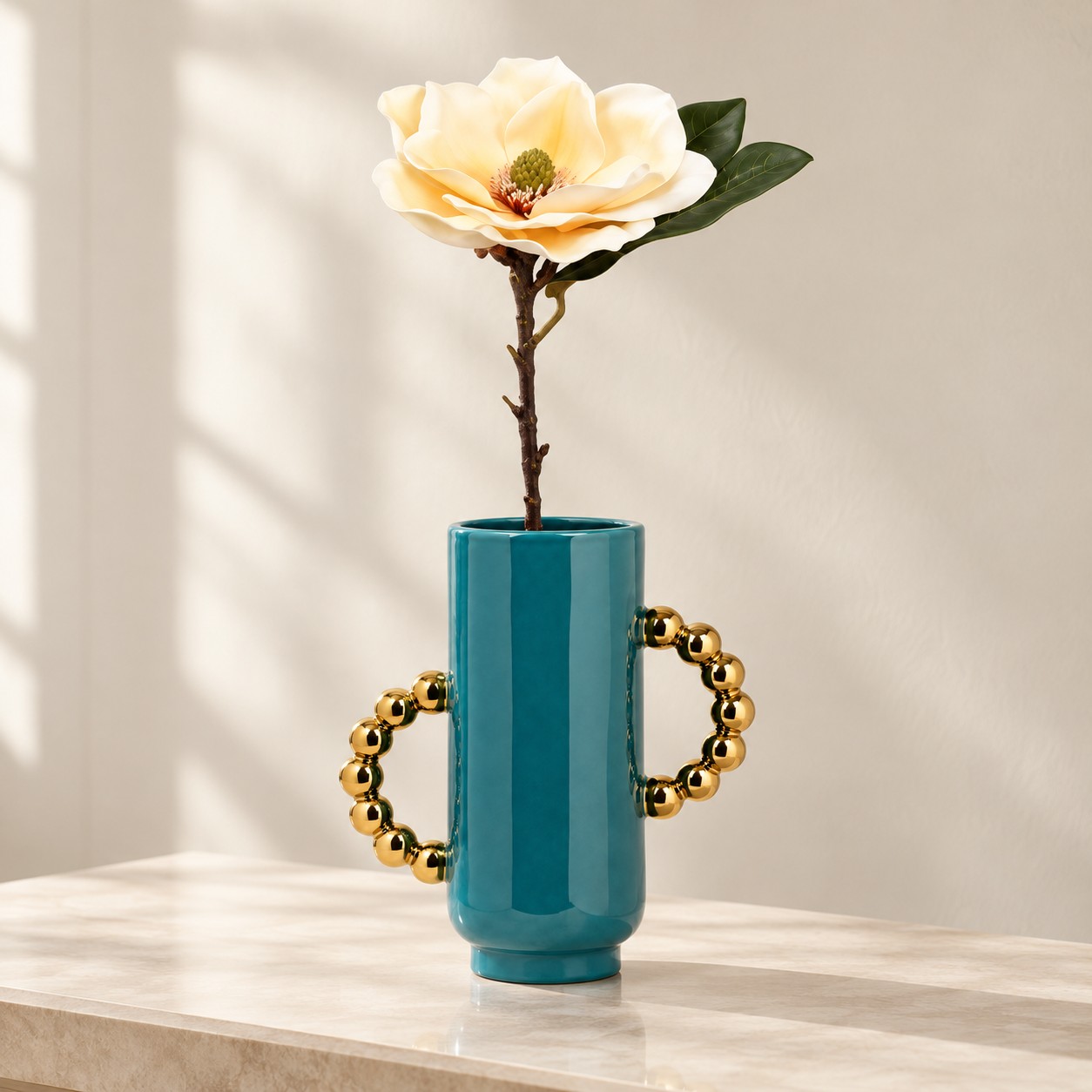 Magnolia artificial amarilla Tige Magnolia en el florero turquesa Vase Sarcelle de HOCART
