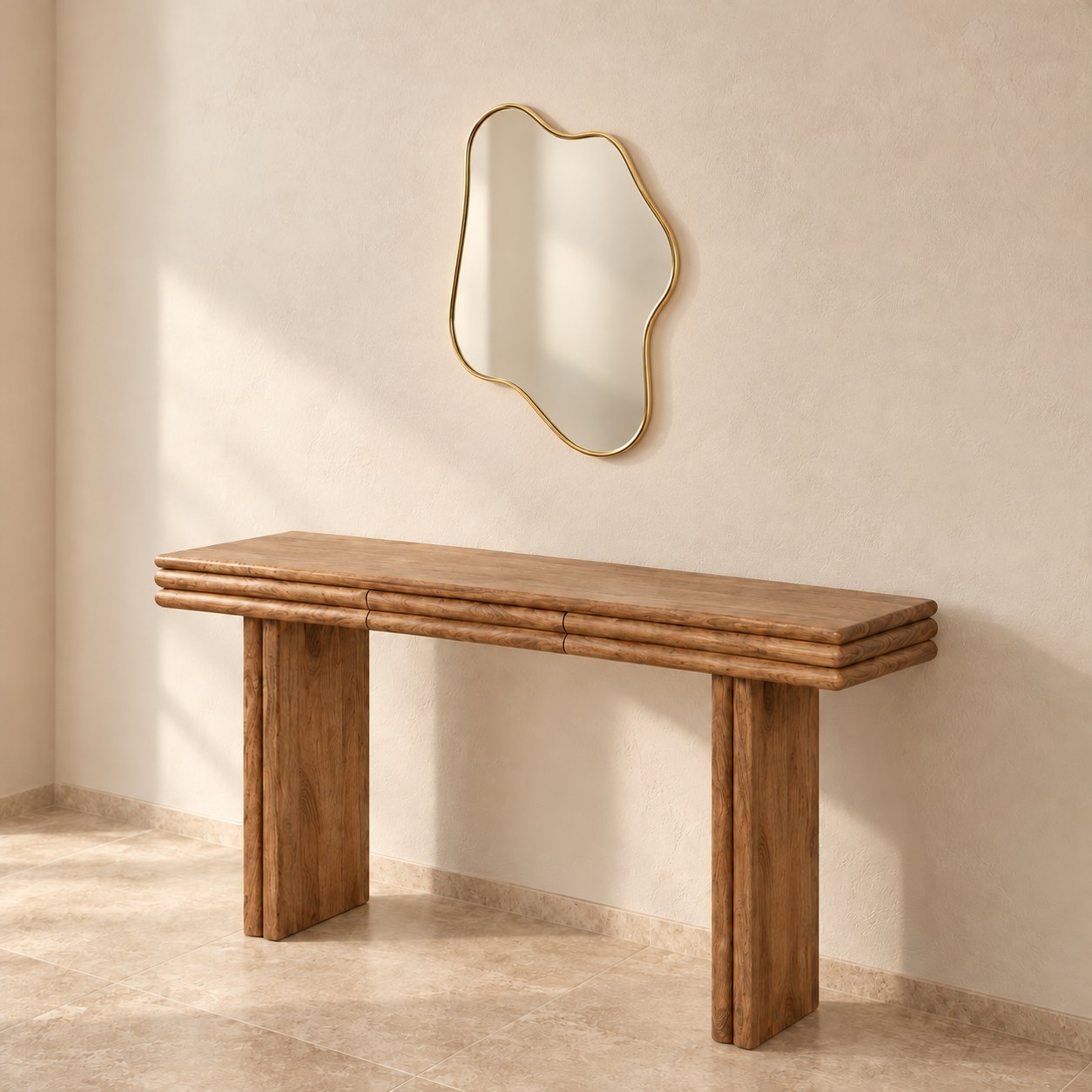 Espejo decorativo orgánico — Mirage Fluide en ambiente con la Console Courbée