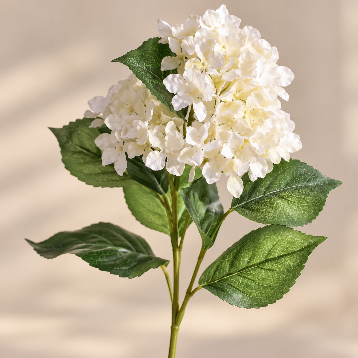 Detalle de los pequeños pétalos blancos y las hojas verdes de la hortensia artificial Ortensia Panna