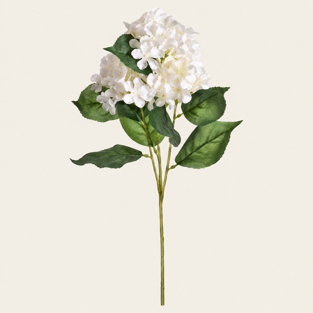 Hortensia artificial blanca Ortensia Panna con pétalos blancos y hojas verdes sobre fondo beige