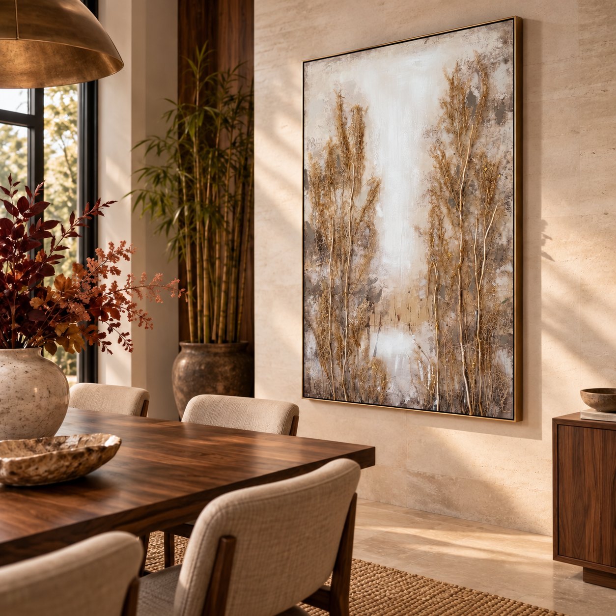 Real Nature con ramas en relieve en un comedor contemporáneo