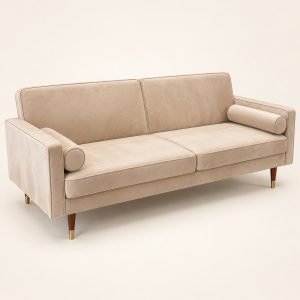 Sofá cama Settee Tourterelle beige cálido en posición de sofá sobre fondo limpio