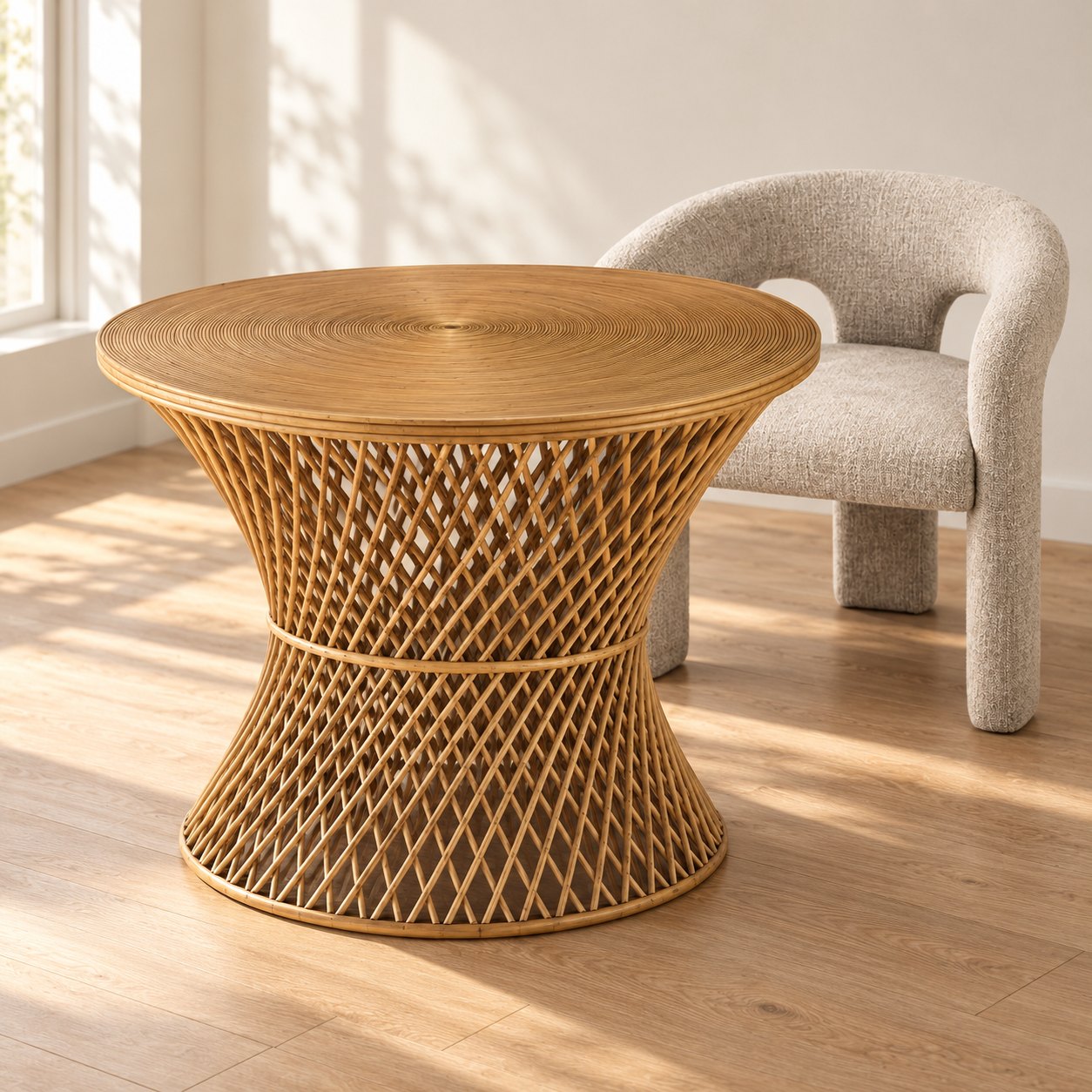 Mesa de bambú — Table Diabolo en ambiente con la silla Contour Crème