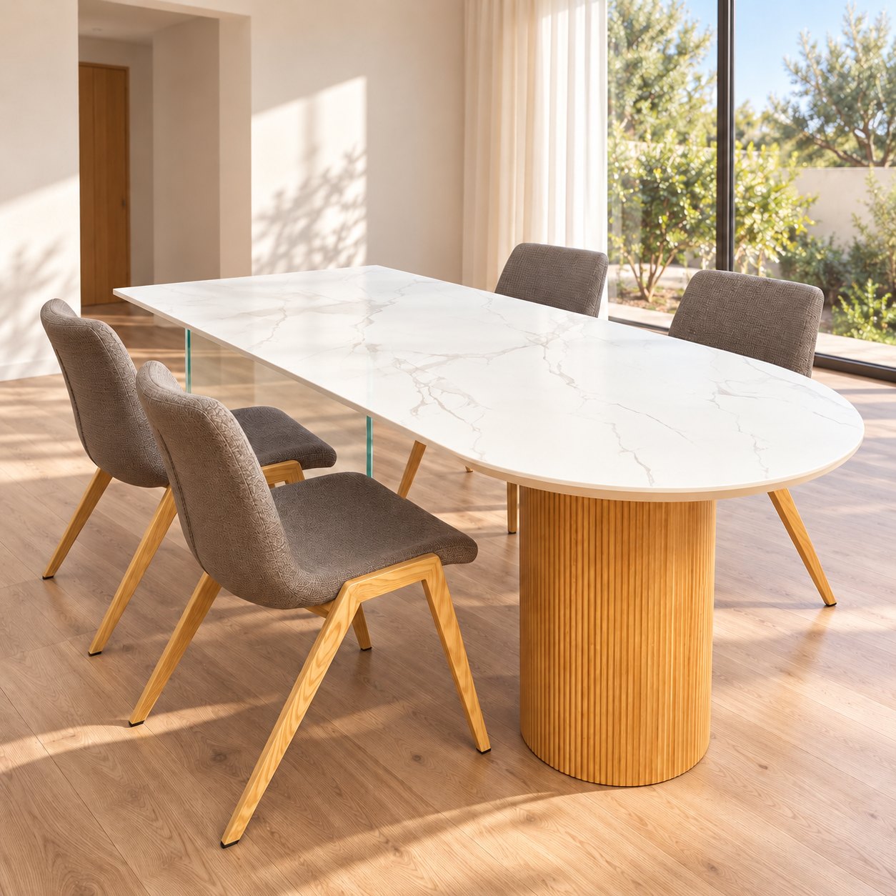 Mesa Table Dualité con apoyo transparente de vidrio templado en comedor contemporáneo