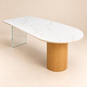 Mesa de comedor Table Dualité con pedestal de madera y apoyo de vidrio templado