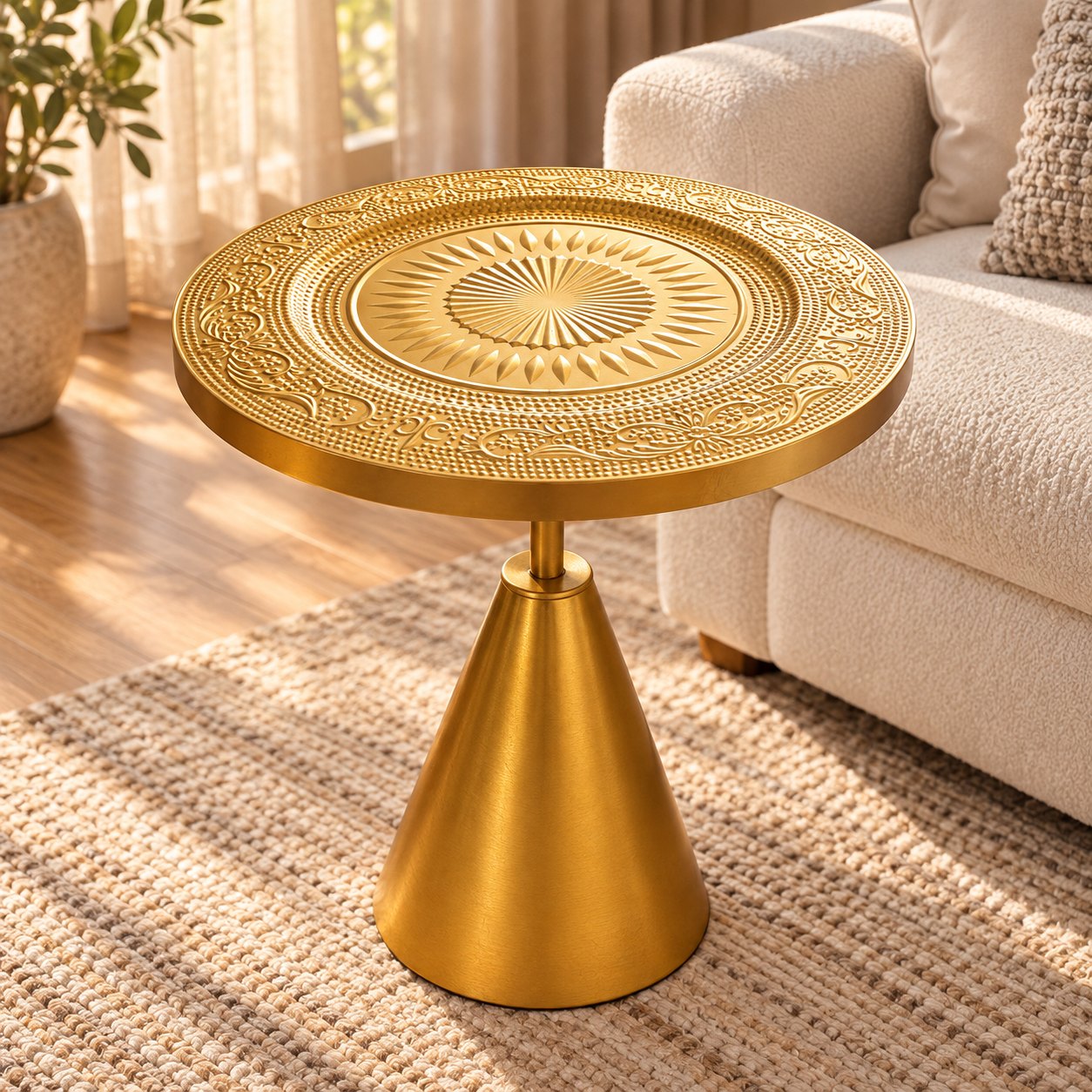 Mesa auxiliar dorada Table Toupie de 65.5 cm de alto con cubierta repujada en sala acogedora